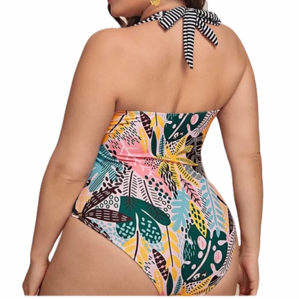 Boho PLUS tropical striped halter one piece suit - Picture 2 of 4